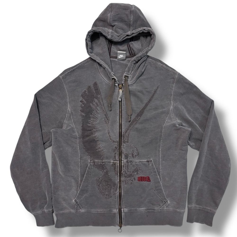 NIKE Grey Distressed Full Zip Hooded Jacket Embroidered Eagle VINTAGE